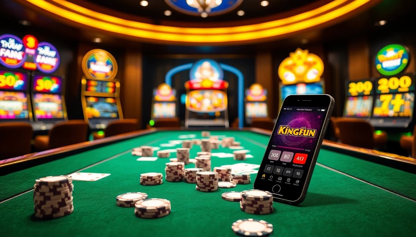 Kingfun app showcased on a lavish casino table with vibrant gaming elements.