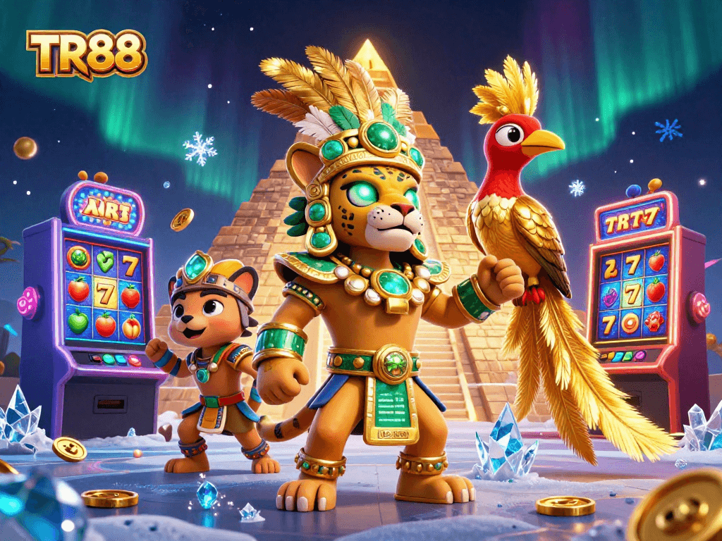 Spin slots and win big with TR88 featuring colorful slot machines, jaguar priest, and quetzal bird!