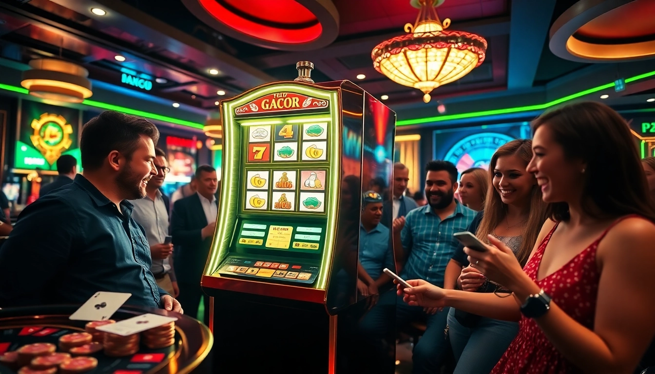 Engaged players enjoying a Slot Gacor machine in a vibrant casino atmosphere.