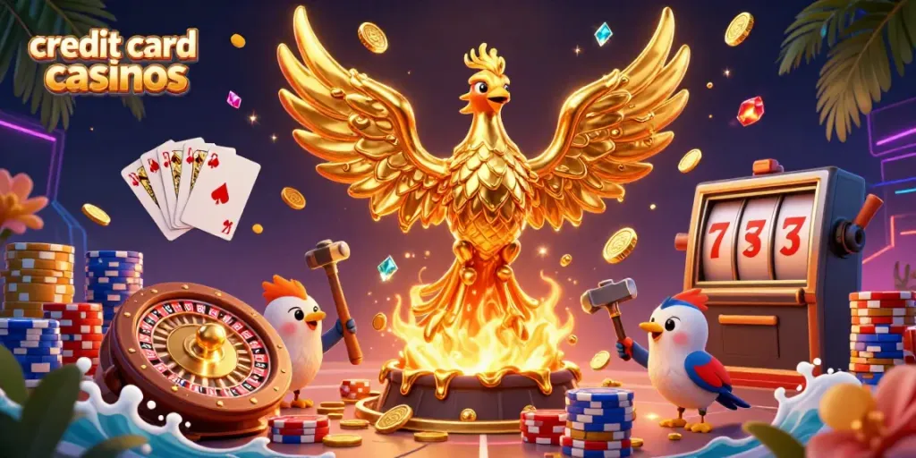 Experience the excitement of credit card casinos with molten metal phoenixes and gaming elements.