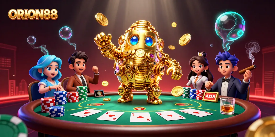 Engage with ORION88's dynamic casino scene featuring the golden golem, poker chips, and community cards.