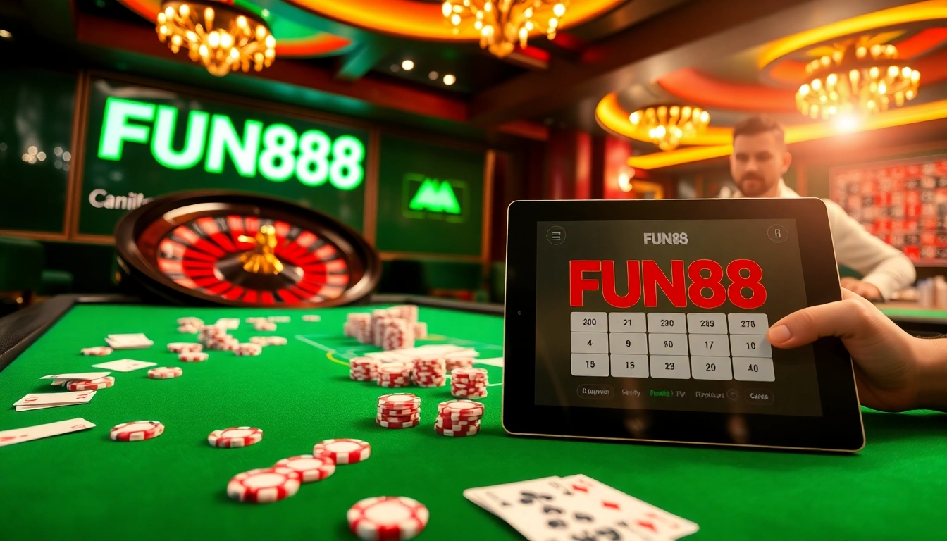 Excited players engaging in Fun88 online casino games with cards and roulette.