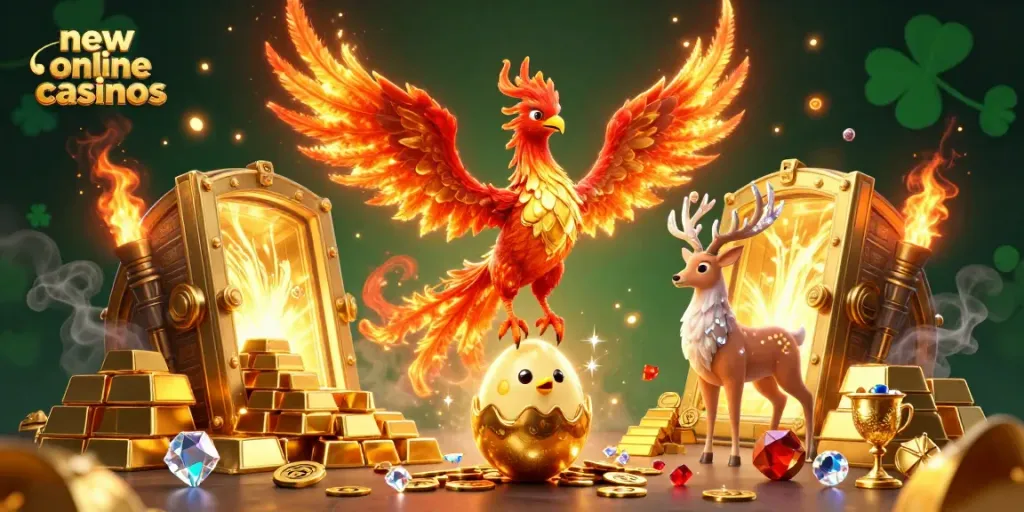 Engaging 3D illustration highlighting the theme of new online casinos with vibrant characters and gold treasures.