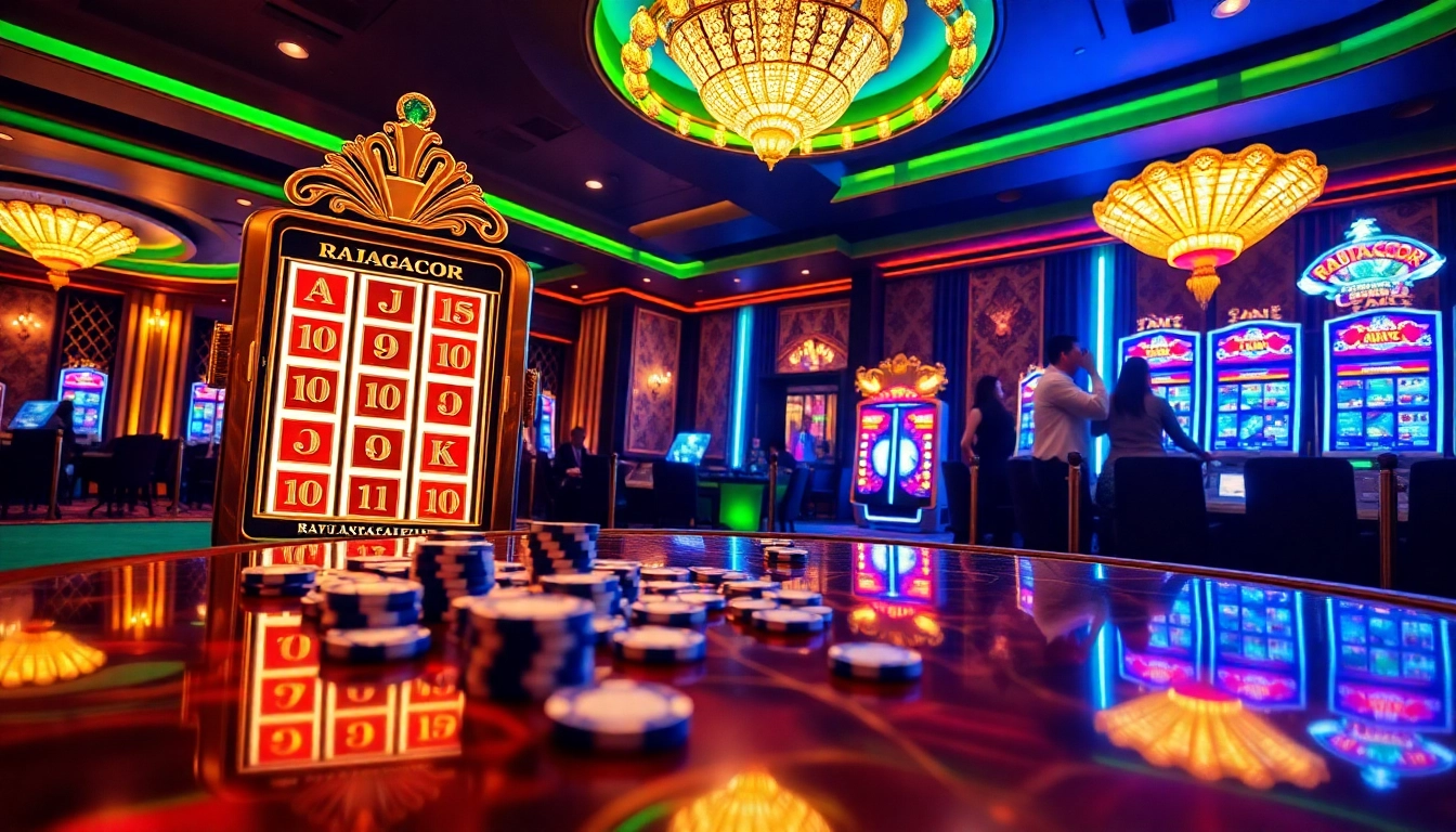 RAJAGACOR slot machine showcasing a jackpot win in a luxurious casino setting.