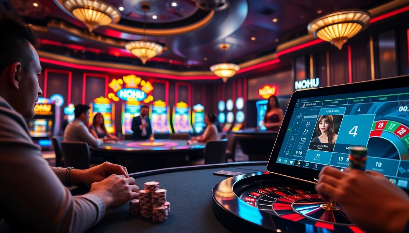 Engage in thrilling games at NOHU's vibrant casino, featuring poker tables and colourful slot machines.