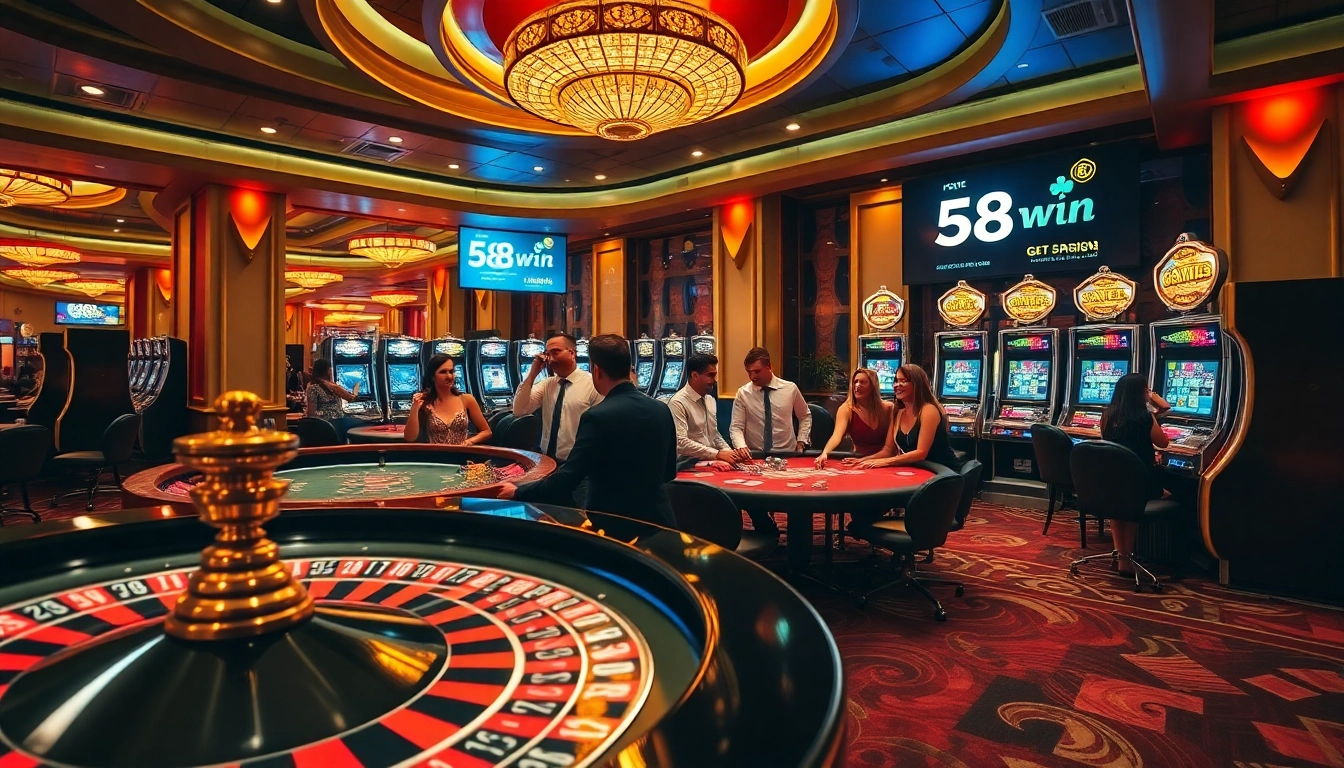 Gamblers enjoying a thrilling game at 58win's vibrant casino environment featuring roulette and poker tables.