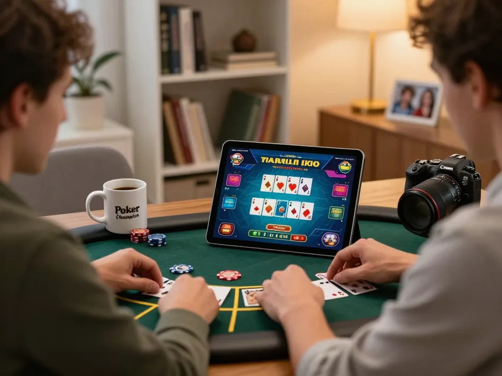 Engaged player enjoying blackjack online with FC88 tablet in a stylish home office environment.