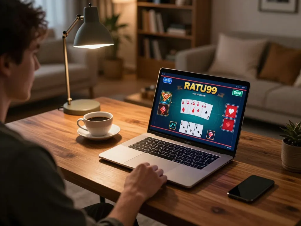 Menyenangkan permainan poker RATU99 secara online di lingkungan rumah yang nyaman, menampilkan pengaturan laptop yang stylish dengan grafis yang cerah.
