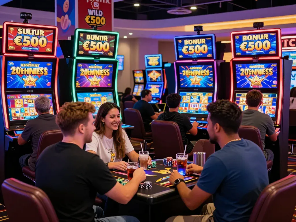 Players enjoying the bonus wild sultan offer of €500 while engaging with vibrant slot machines and live dealers in a modern online casino atmosphere.
