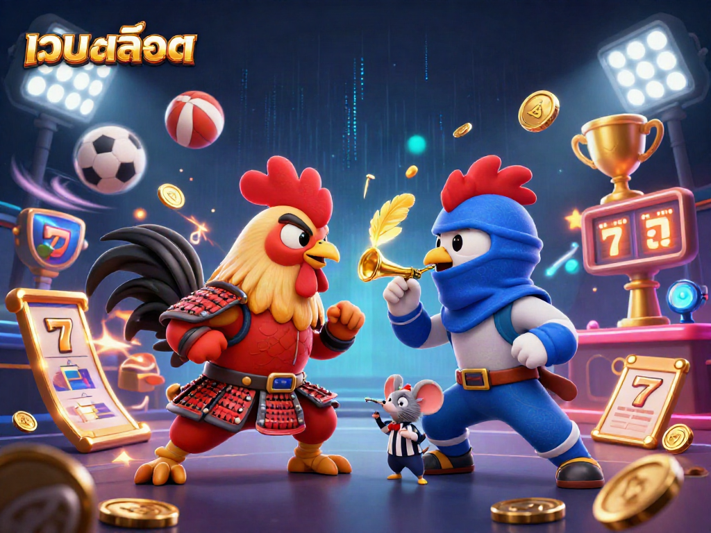 Engage with เว็บสล็อต in the thrilling showdown of roosters, animated with vibrant sports elements.