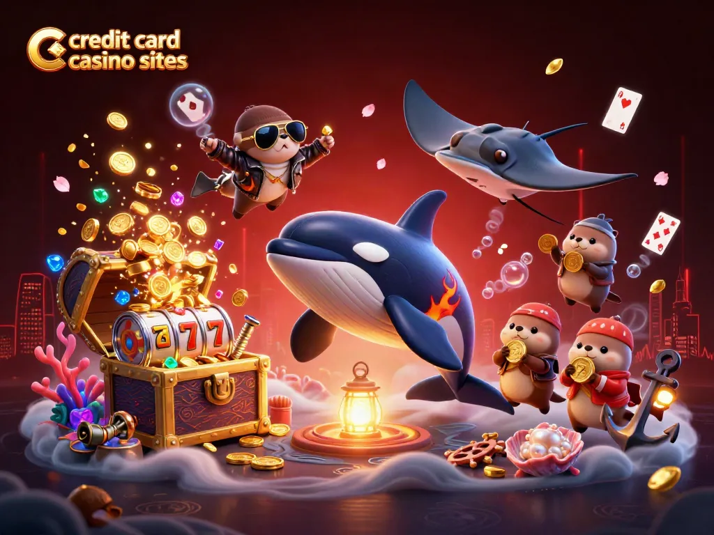 Experience the excitement of credit card casino sites with an orca in a biker look, a cool stingray, and sea otters enjoying gold coins.