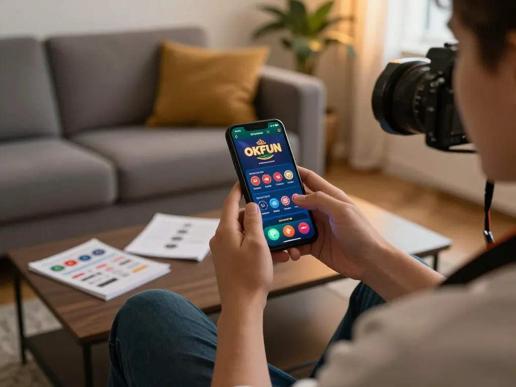 Player enjoying online casino gaming on https://okfun.money/, engaging with smartphone and strategy notes.