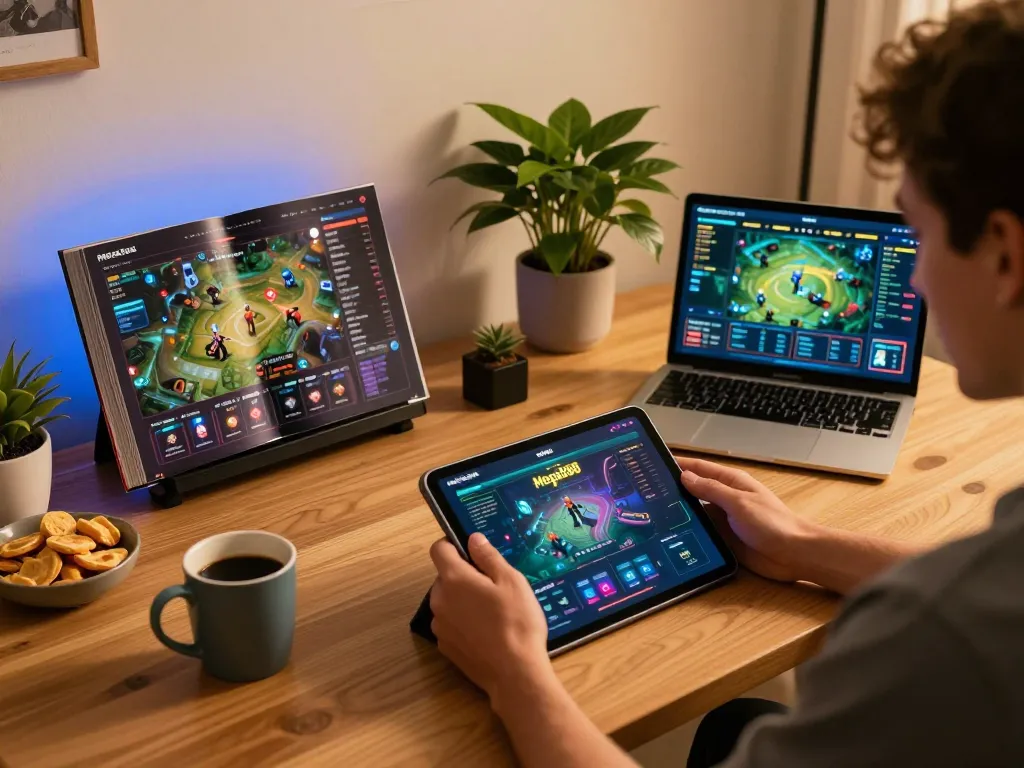 Mega888 user enjoying online gaming on a tablet in a stylish home office setting.