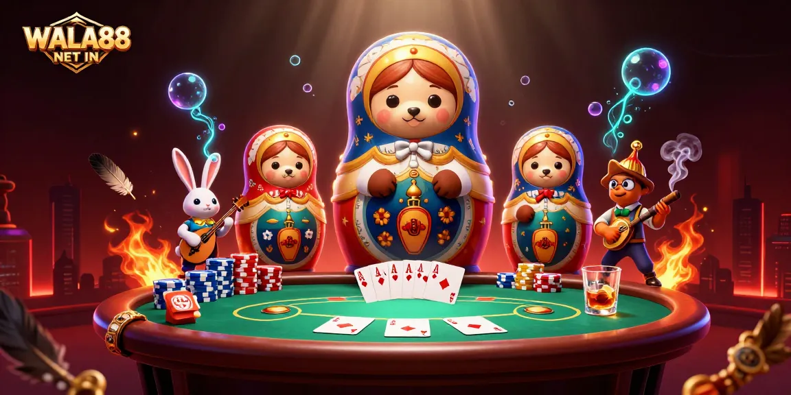 Bet on thrilling cockfighting action at WALA88 NET IN, showcasing a vibrant gambling scene with dynamic characters.