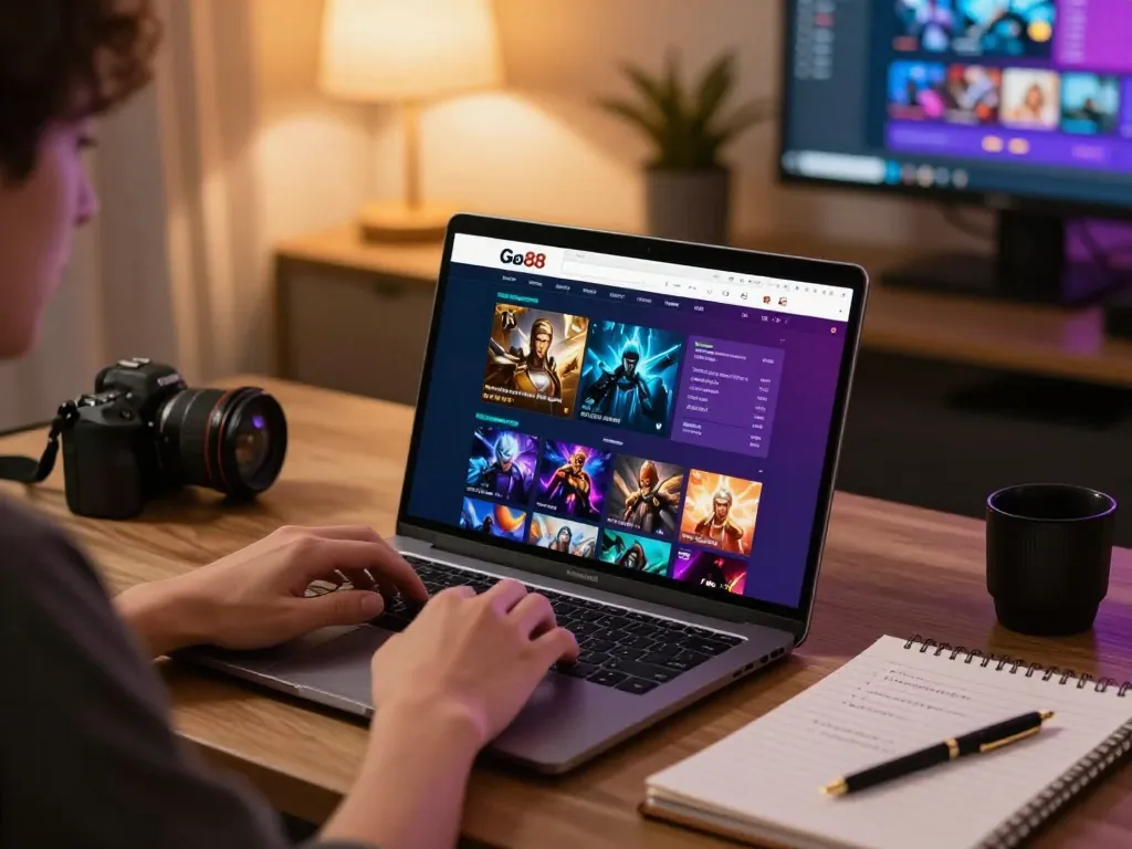 Player exploring live gaming options on Go88 while seated in cozy home office setting.