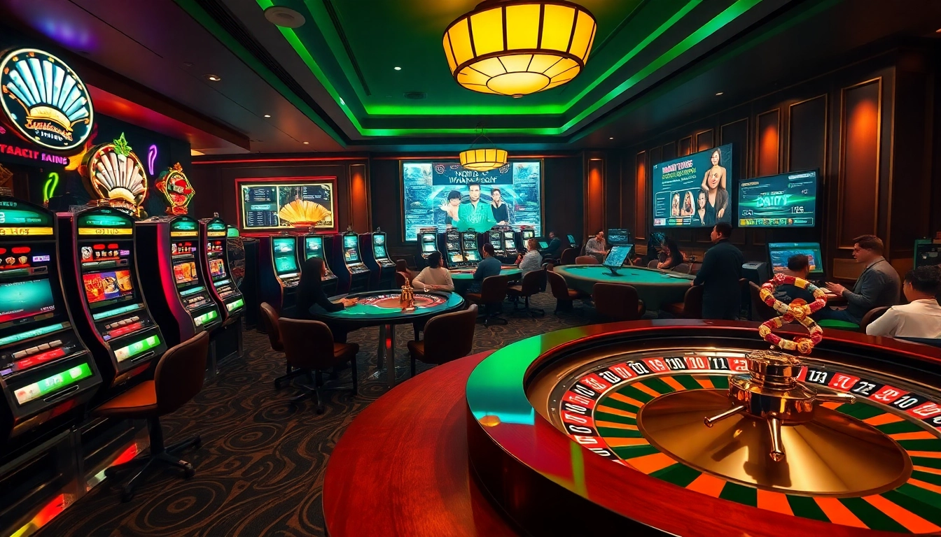 Players enjoying a thrilling gaming experience at trang chủ win55 with vibrant slot machines and professional poker tables.