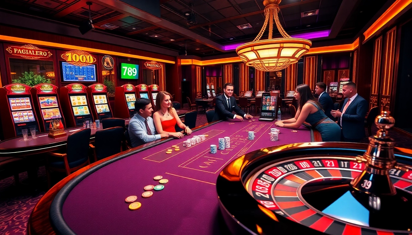 A thrilling scene at 789club casino with excited players at a poker table and vibrant slot machines.