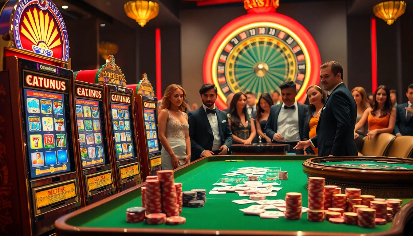Players enjoying an exhilarating idnslot gaming experience at luxurious casino tables filled with vibrant slot machines.