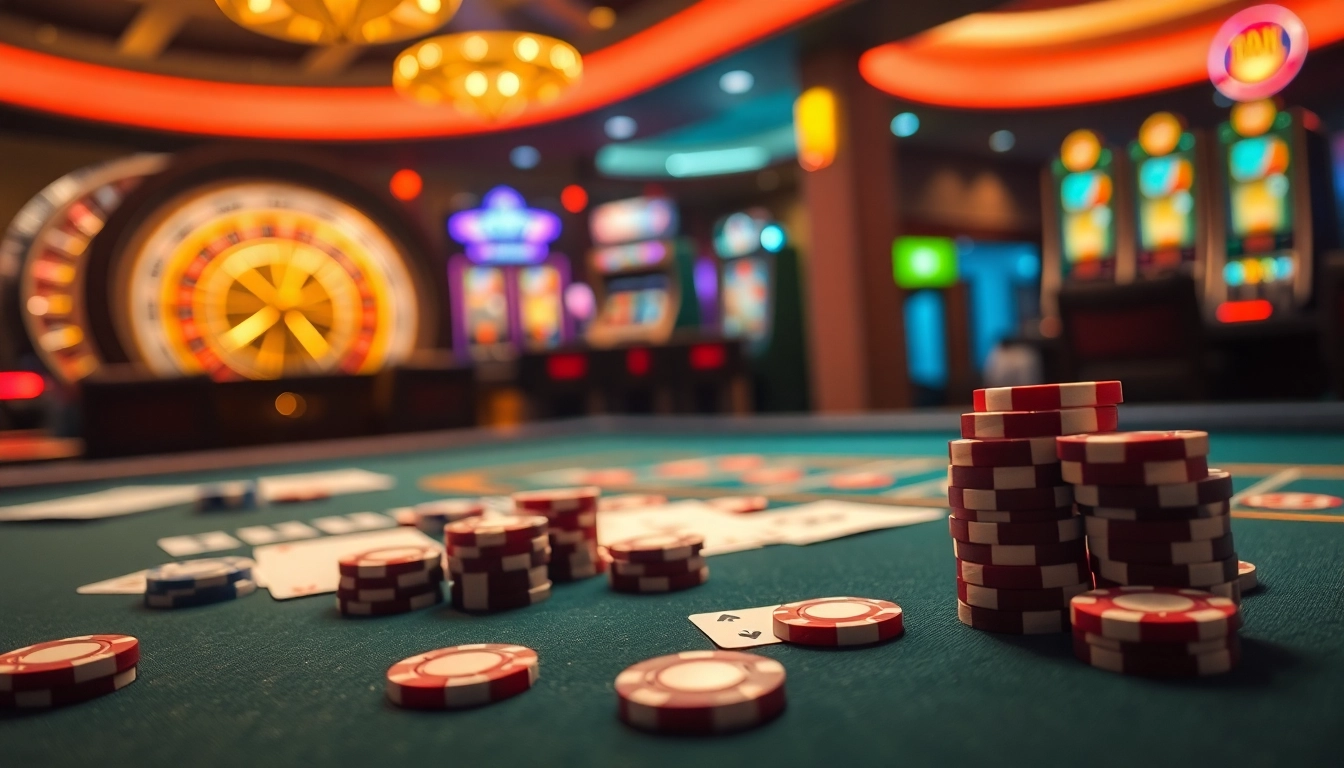 Experience the thrill of Nhà cái cm88 with vibrant casino visuals featuring poker chips and roulette.