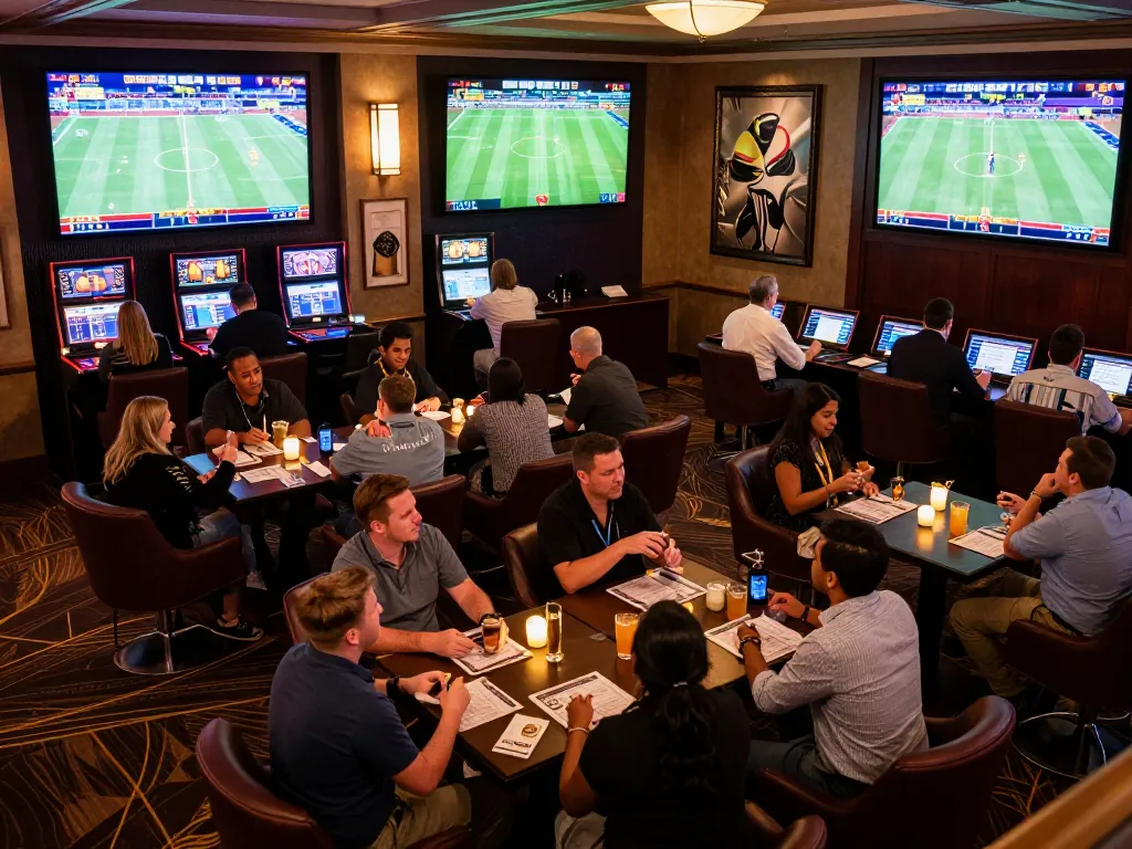 bettors engaging with tỷ lệ nhà cái in a lively sports betting lounge with multiple screens