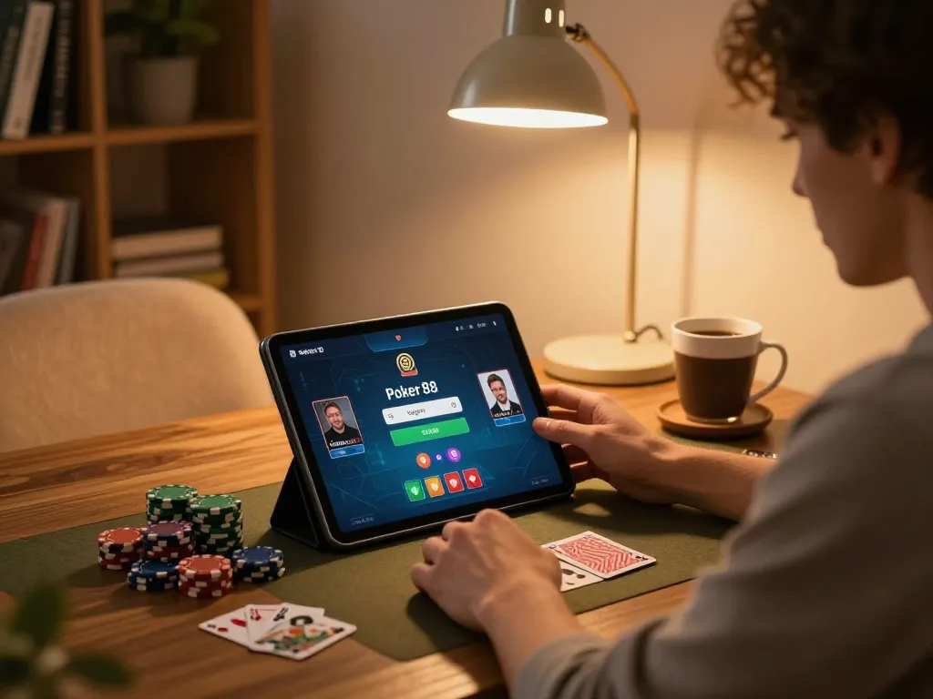 Engaging in Poker 88 Login, a player interacts with the online poker interface in a cozy gaming setup.