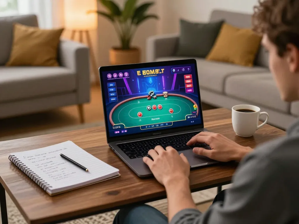 Bong99 player engaging in online poker with detailed strategies in a cozy gaming setup.
