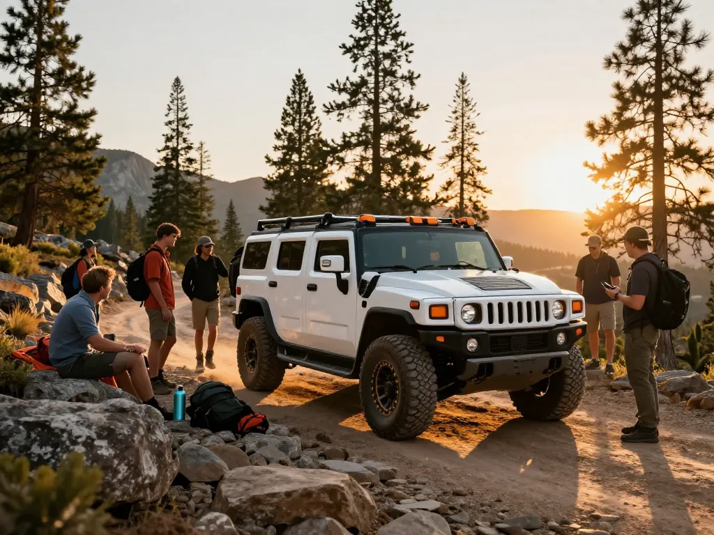 Hummer H3 MB666 model at sunset with outdoor enthusiasts discussing adventures.