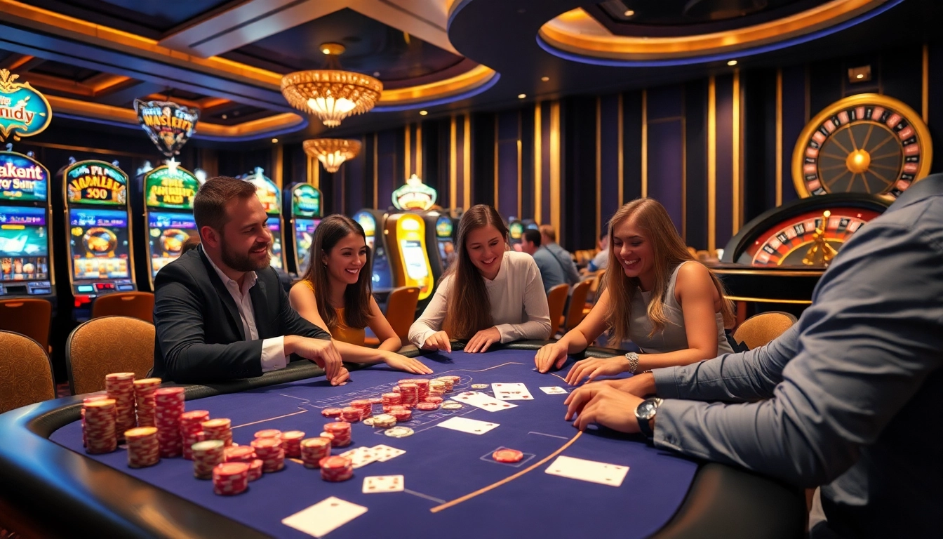 Excitement in SODO-themed casino with players at poker tables and slot machines.