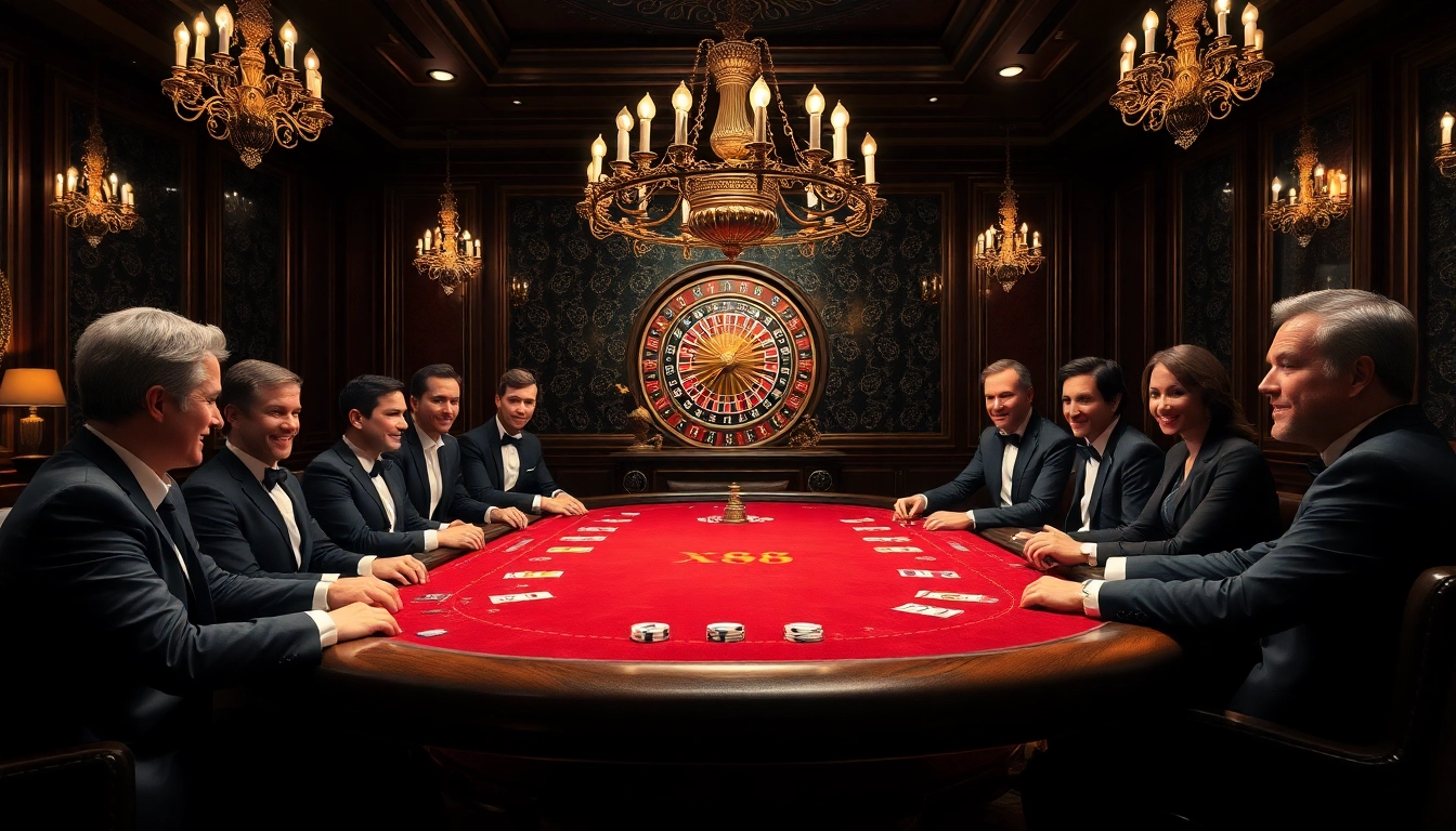 X88 casino scene with poker table, players enjoying Texas Hold'em, luxurious ambiance.