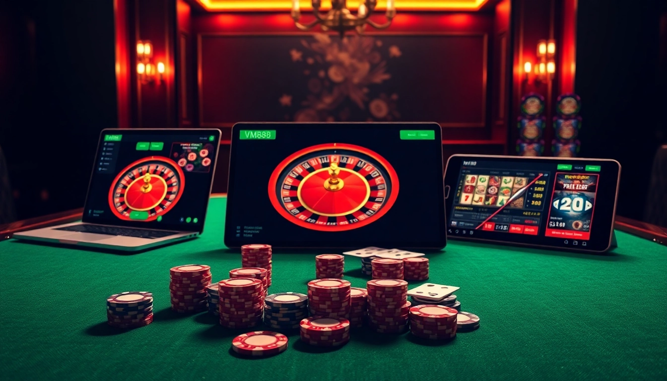 Professional VM88 online casino interface displaying vibrant slot reels and live betting odds on multiple devices