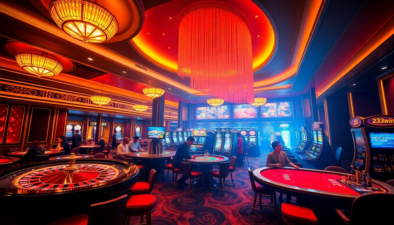Experience the thrill of gaming at 23win's vibrant casino environment, featuring roulette and slot machines.