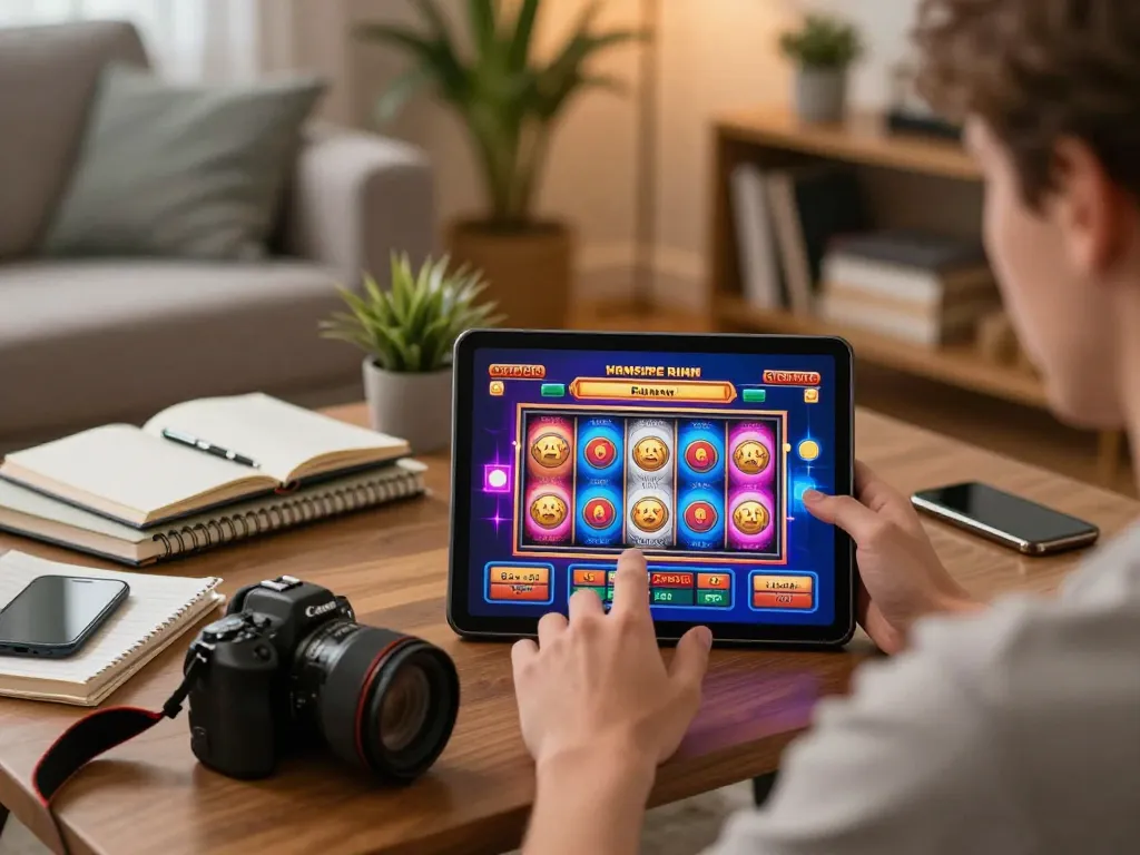 Pemain Kiu77 memutar slot online dari pengaturan rumah di ruang tamu yang nyaman