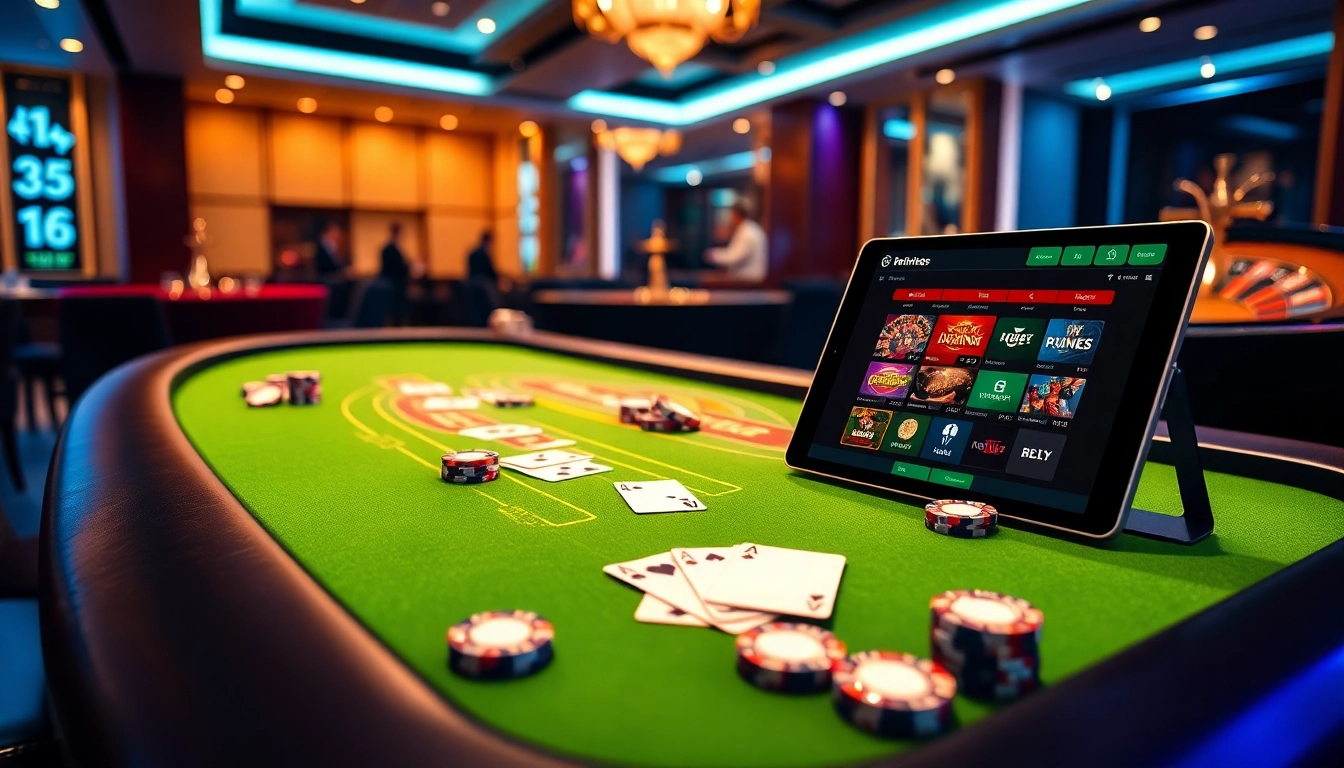 Scene permainan kasino yang menarik menggambarkan 33win68 dengan chip poker, kartu, dan opsi taruhan online yang unggul.