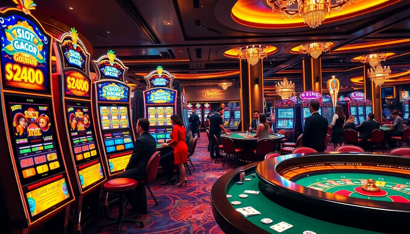 Engaging players at slot gacor machines in a luxurious casino environment, surrounded by vibrant lights and excitement.