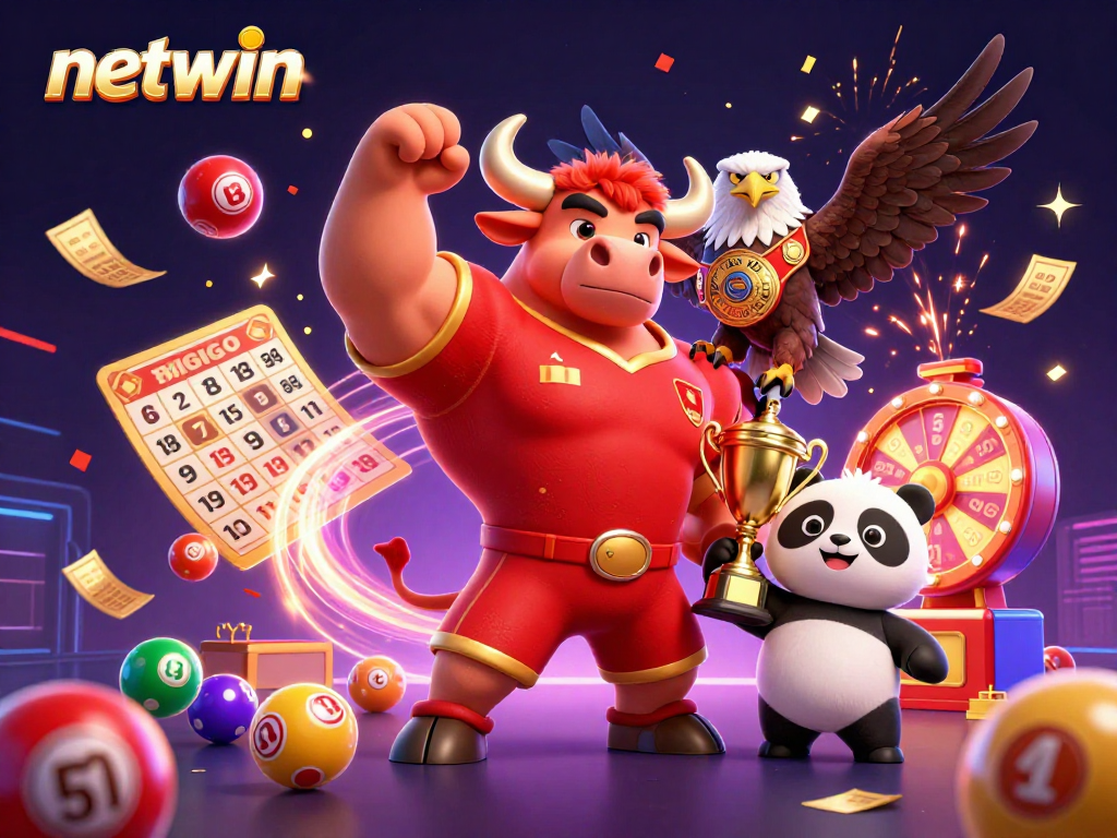 Experience the excitement of netwin with a triumphant bull mascot among lottery balls and sparkling confetti.