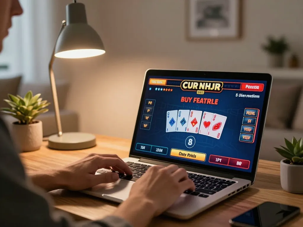 Engaged player exploring buy feature slots on laptop in cozy home environment.