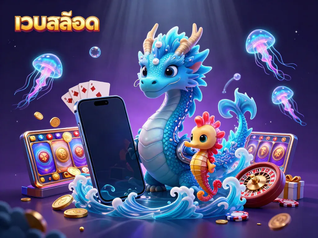 เล่นเว็บสล็อตกับมังกรน้ำเงินและม้าเอเซีย ล้อมรอบด้วยเกมสล็อตที่มีสีสัน