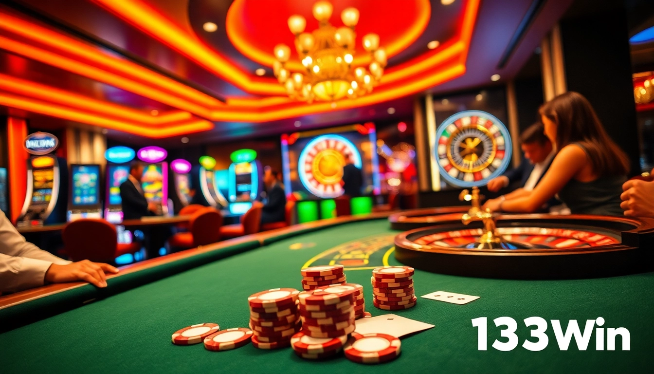 Play at 13Win's exciting casino with vibrant tables, poker chips, and thrilling slot machines.