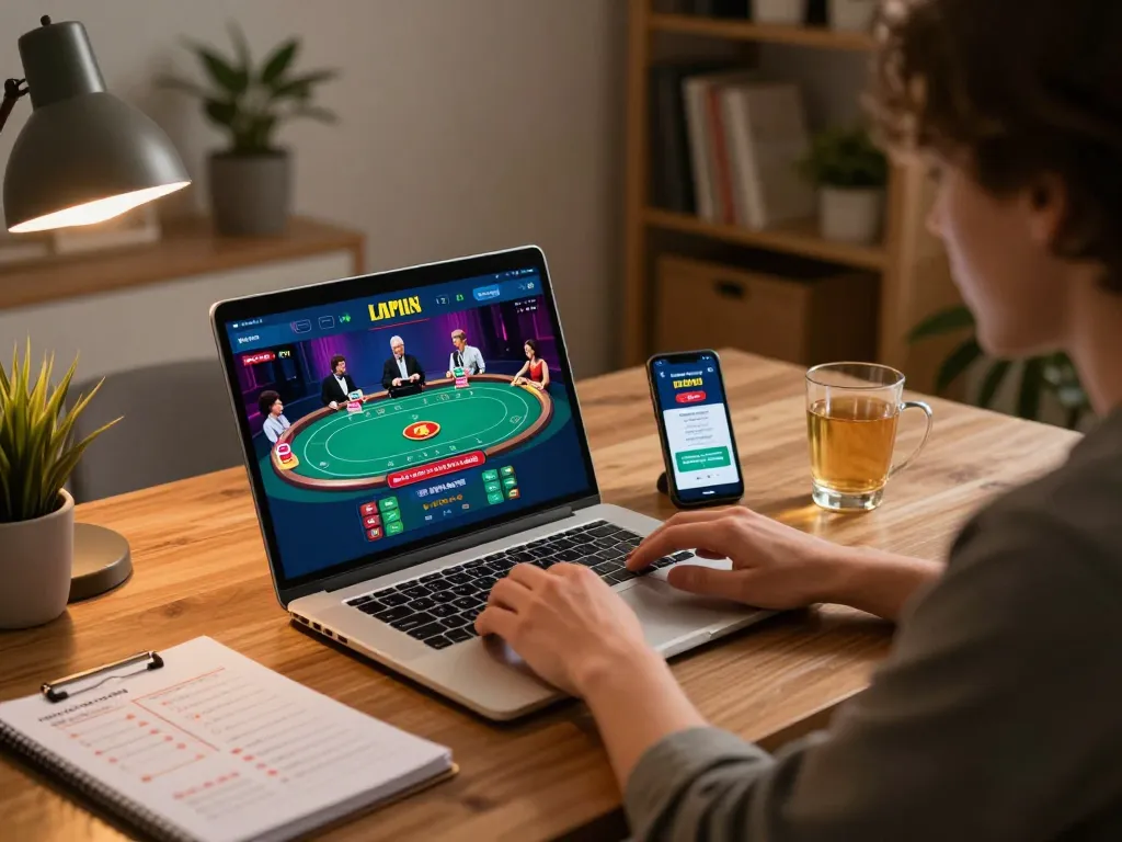Engaging in bandar togel strategies from home office with laptop and casino app.