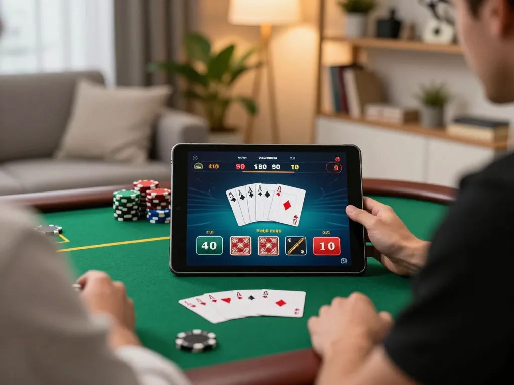 ww88 player engaging in online poker on tablet at home, comfortably gaming in a stylish room.