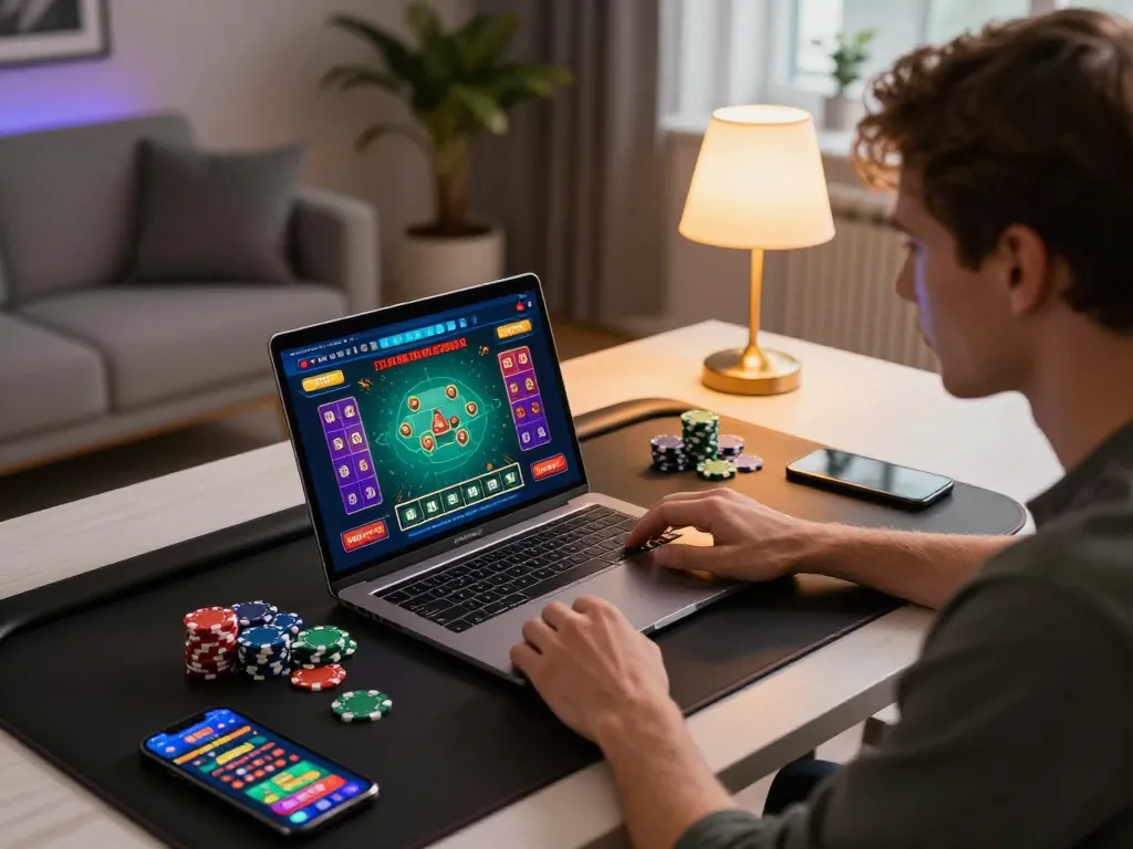 Engaged player strategizing with NK88 casino app on their laptop while managing chips