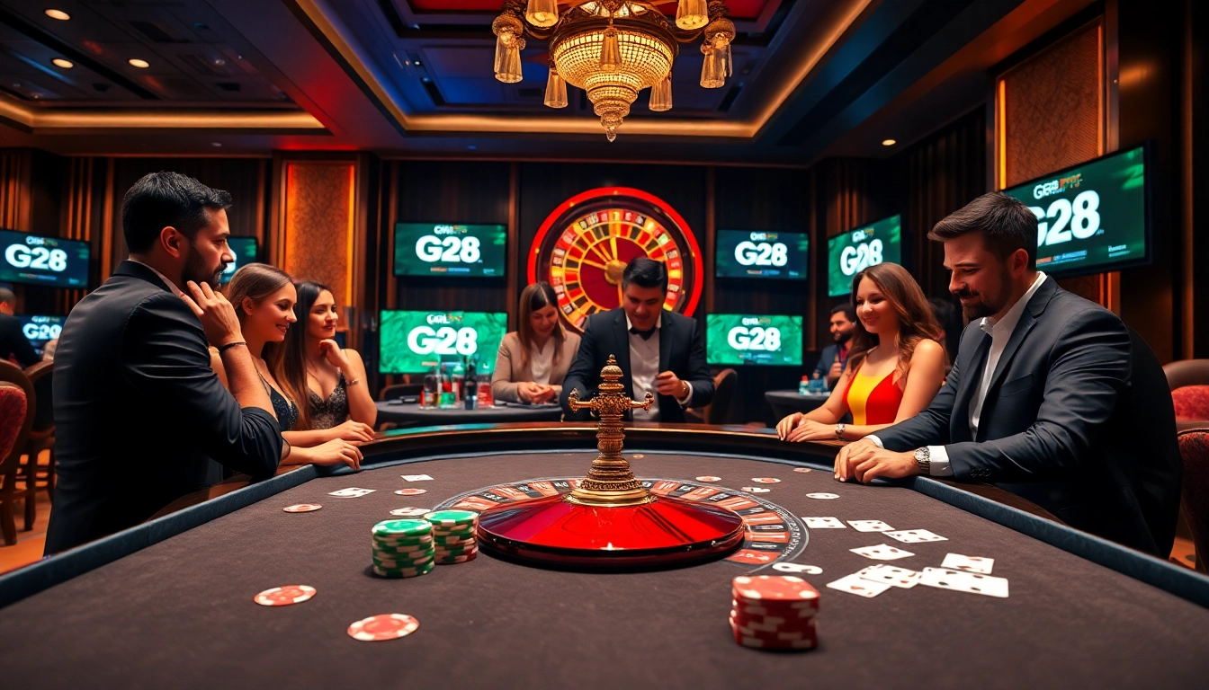 Excited gamblers playing at a vibrant casino table featuring G28 branding amidst luxury surroundings.