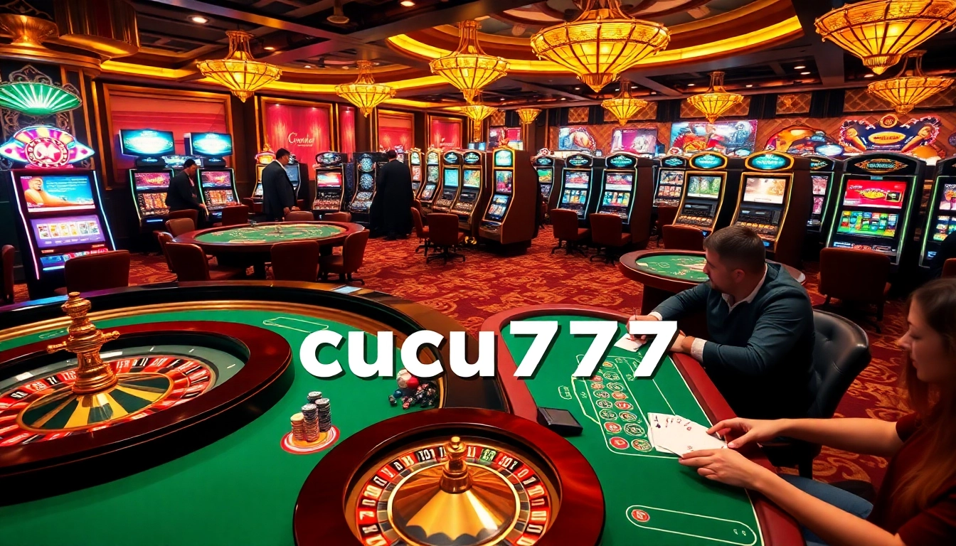 Cucu777 players engaging in high-stakes poker amidst a vibrant casino atmosphere, showcasing excitement and luxury.