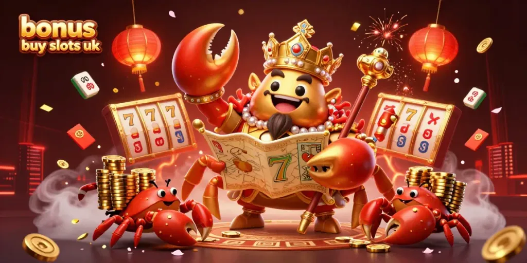 Play bonus buy slots UK with a vibrant scene featuring a crab emperor, glowing elements, and slot reels.