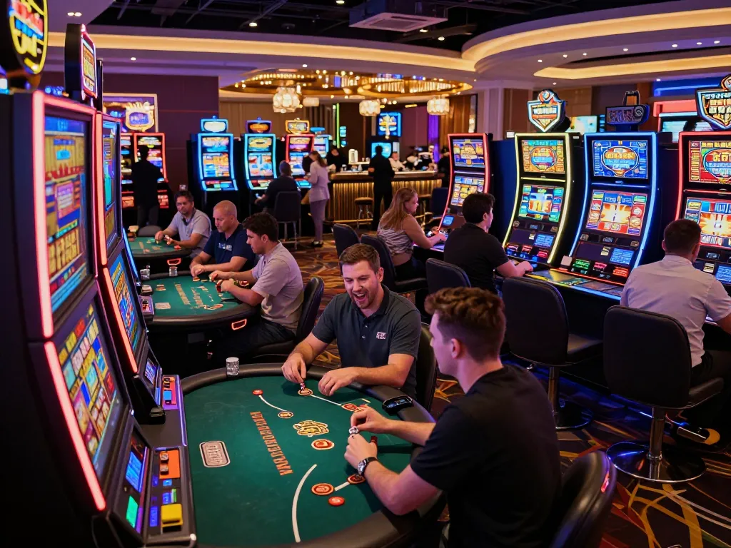 Player enjoying a thrilling experience at luck8 casino, celebrating a jackpot win amid vibrant slot machines.