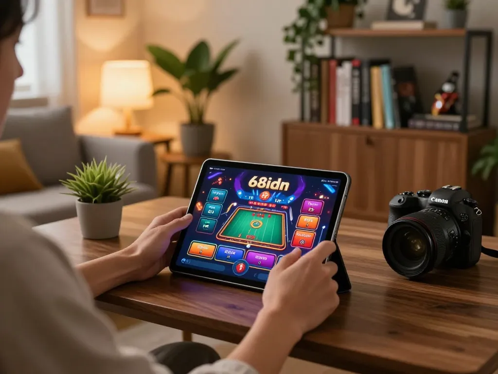 Pemain terlibat dengan aplikasi mobile 68idn di tablet di pengaturan rumah modern, menggambarkan perjudian strategis.