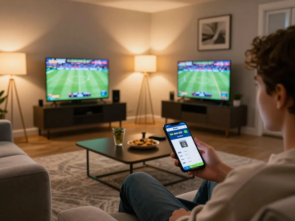Engaged bettor using the 8xbet app on a smartphone in a cozy living room setting.