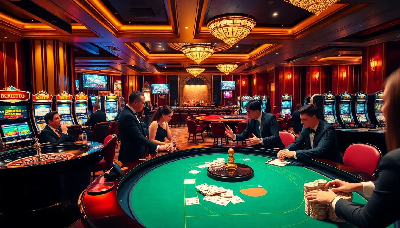 A stunning casino scene illustrating players actively engaging at bet88.com, showcasing roulette and poker excitement.