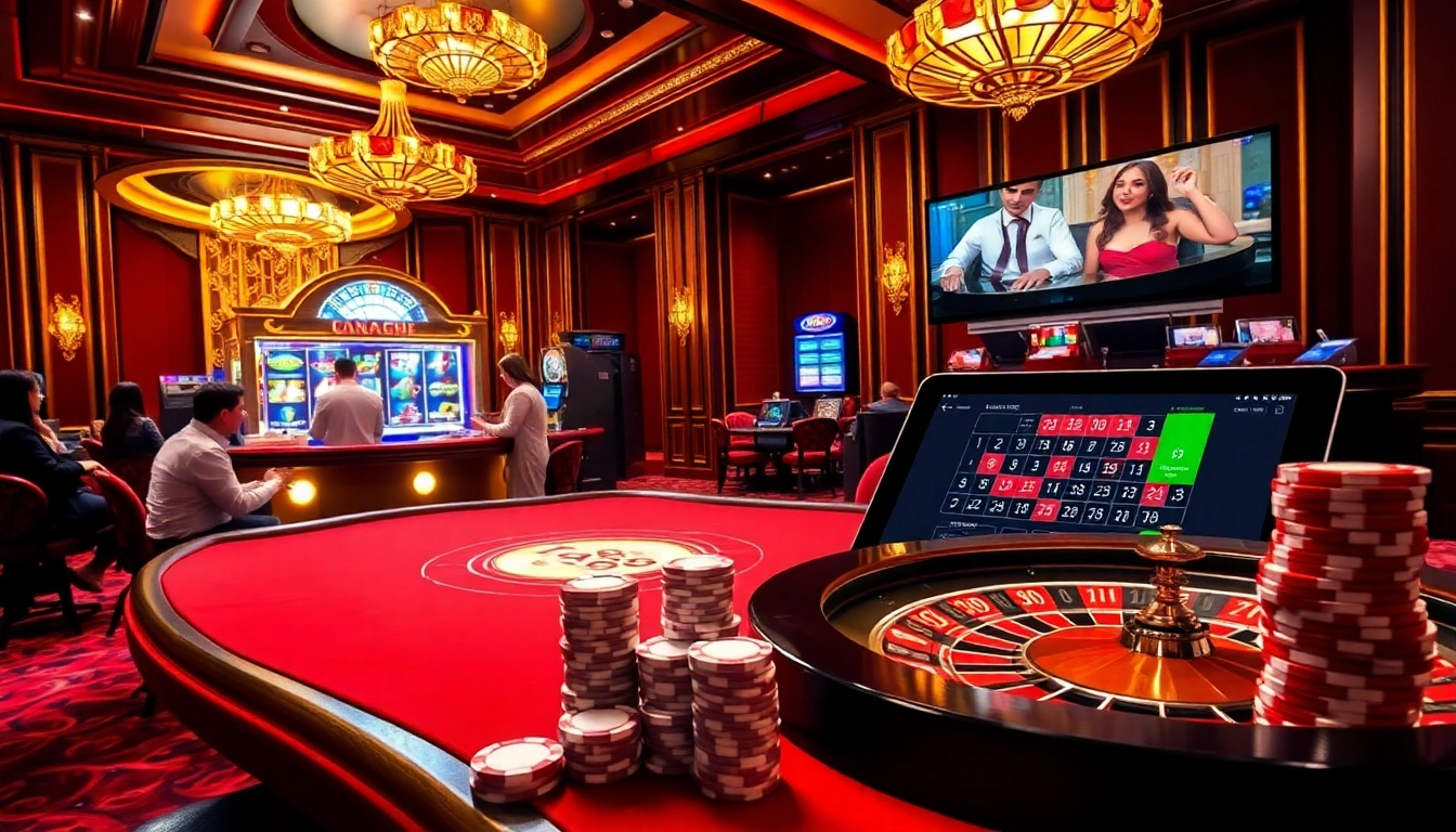 Experience the thrill of gambling at TA88 with vibrant casino visuals showcasing poker tables, roulette wheels, and slot machines.