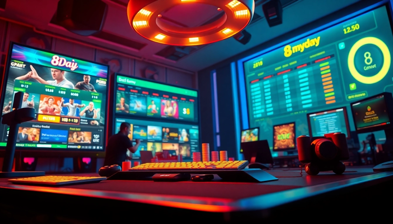 8day online gaming interface showcasing sports betting and casino games, illuminated in neon colors.